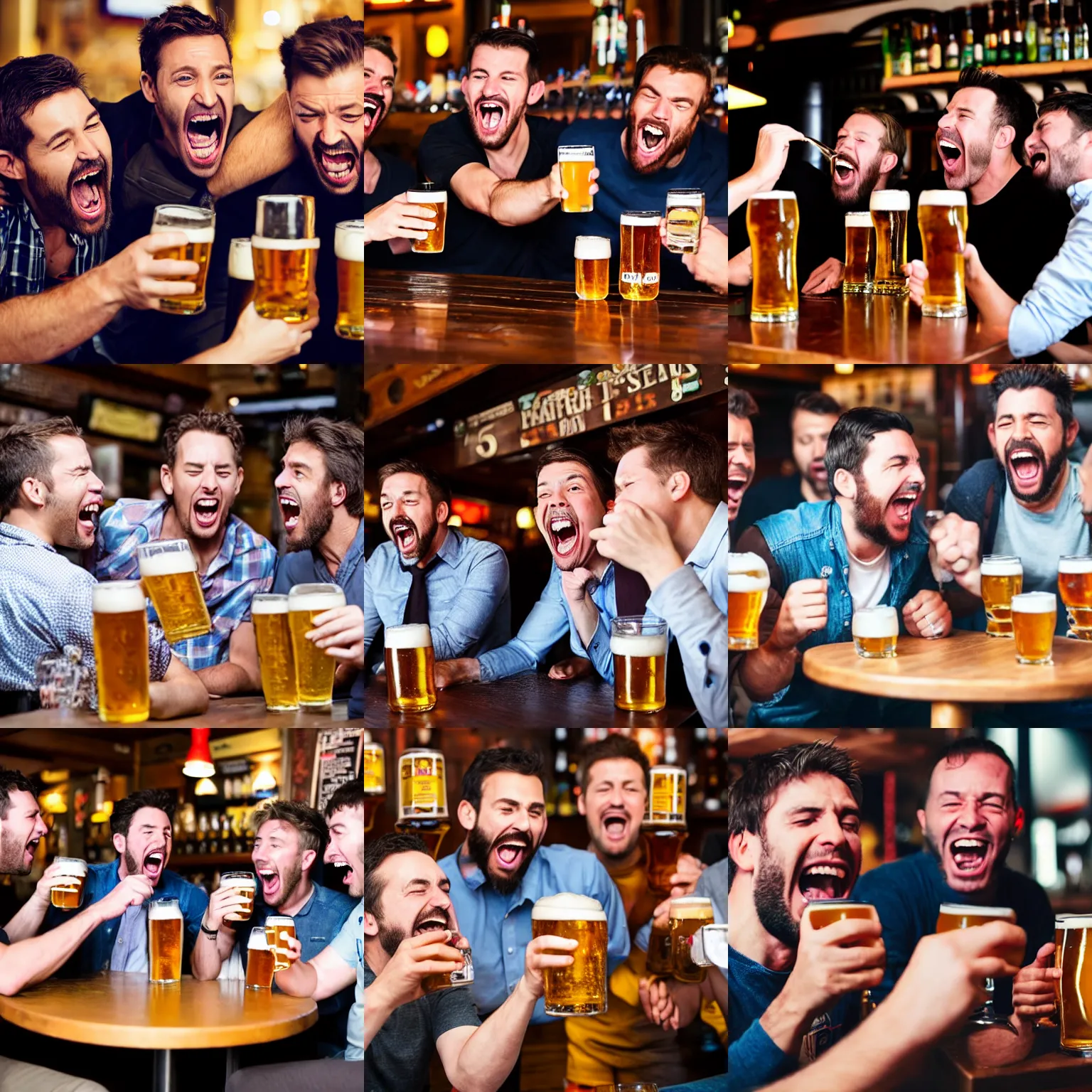 Prompt: guys having beers frantically laughing and screaming in a pub,