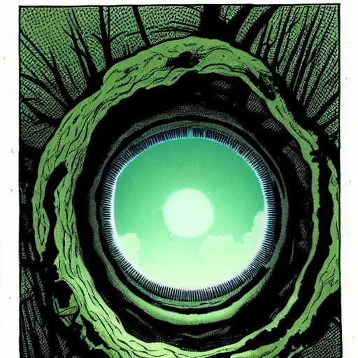 Prompt: a gigantic eyeball hovers over a forest, it looks down on you. wide angle, ratio 16:9. pov shot, you are standing right below the eye and look up. dramatic lighting, concept art, award winning. illustration by Brian bolland