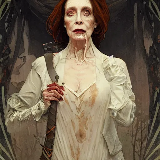 Prompt: A portrait of zombie Nancy Patricia Pelosi by greg rutkowski and alphonse mucha,In style of digital art illustration.Dark Fantasy.darksouls.hyper detailed,smooth, sharp focus,trending on artstation,4k