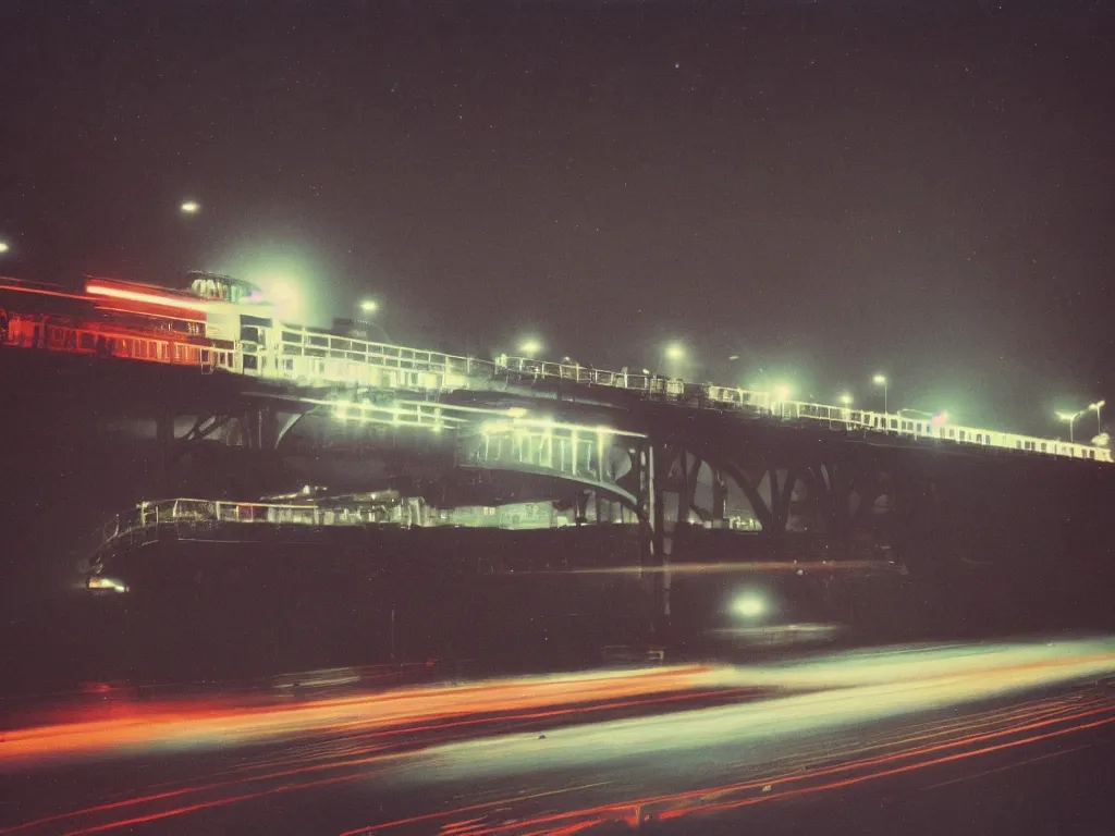 Image similar to 8 0 s polaroid photo, cinema still, train going over bridge at night while bright city is in the background, haze, americana, 8 k resolution, hyperrealistic, photorealistic, high definition, highly detailed, tehnicolor, award - winning photography, masterpiece