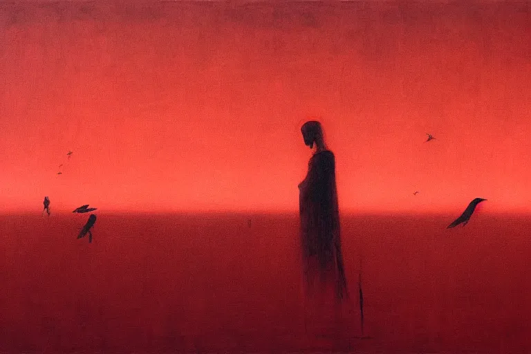 Prompt: only with red, a red dystopic knight, venice, flock of birds in the red sky, in the style of beksinski, parts by edward hopper, parts by rodcenko, parts by yue minjun, intricate and epic composition, red by caravaggio, insanely quality, highly detailed, masterpiece, red light, artstation, 4 k