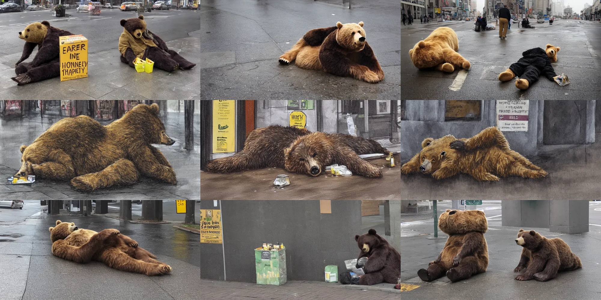 Image similar to hyper - realistic anthropomorphic bear homeless laying in a dark rainy street corner under carton boxes, honey dispensary