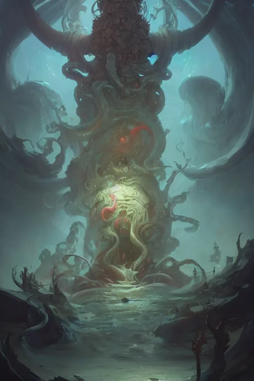 Image similar to high fantasy lovecraftian old god designed by peter mohrbacher, Greg rutkowski, blizzard concept artists, concept art, fantasy, 4k, CG render, octane, insanely detailed,