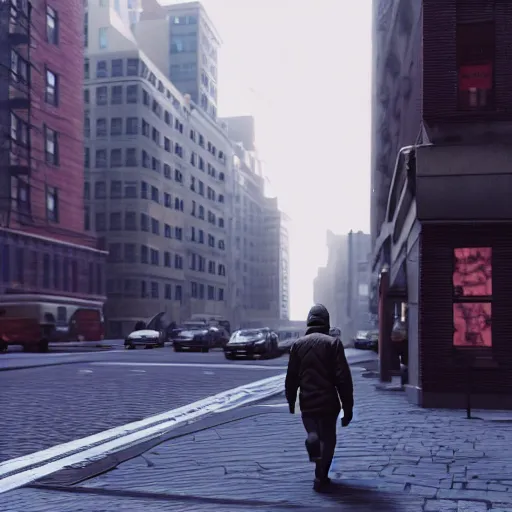 Prompt: A man walking on the sidewalk in the streets of New York, unreal engine, artstation, artstationHD, artstationHQ, extremely detailed, 4k, 8k, ultra high res, concept art