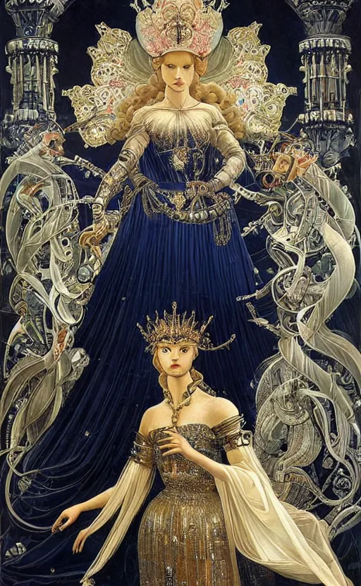 Image similar to beautiful mural of the young cyborg empress, piercing glowing eyes, elegant, futuristic royal gown, detailed ornaments, striking composition, highly detailed ornate sci fi background, vogue poses, striking composition, highly detailed ornate sci fi background, vivid details, amalgamation of nature and technology, wires, glowing tubes, beautiful composition, mural in the style of sandro botticelli, caravaggio, albrecth durer, 8k