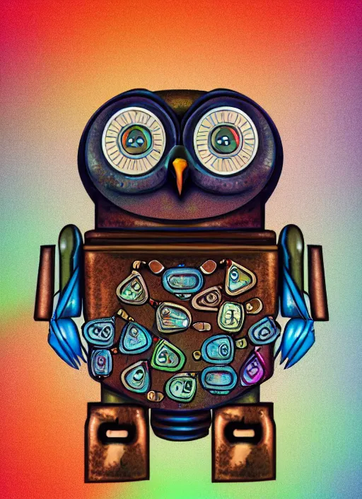 Image similar to colored pencil and pen drawing of an animatronic robot owl, bird made from rusty old keys and padlocks, space background, 8 k photorender realityengine