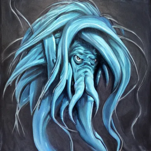 Prompt: cthulhu with indigo hair, realistic painting