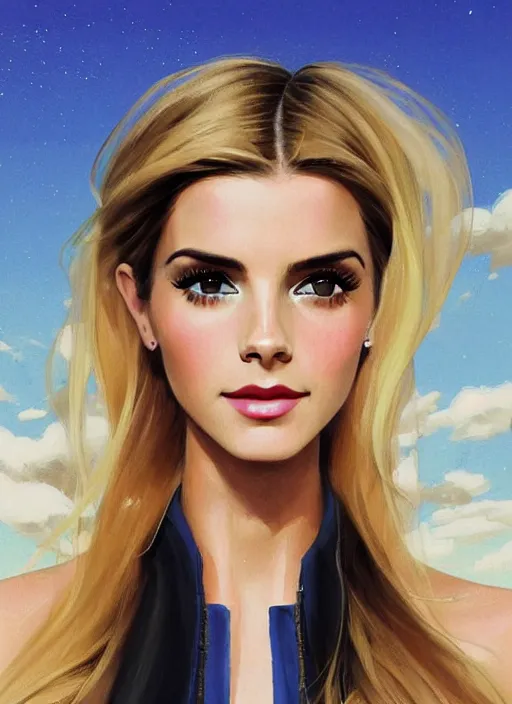 Image similar to portrait of a combination of Ashley Greene, Victoria Justice and Adriana Dxim, Grace Kelly, Emma Watson and Lily Collins with blonde hair wearing Varia Suit from Metroid, countryside, calm, fantasy character portrait, dynamic pose, above view, sunny day, thunder clouds in the sky, artwork by Jeremy Lipkin and Giuseppe Dangelico Pino and Michael Garmash and Rob Rey and Greg Manchess and Huang Guangjian, very coherent asymmetrical artwork, sharp edges, perfect face, simple form, 100mm