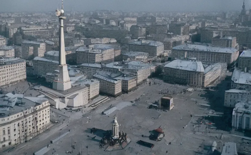 Image similar to high quality 2000s historic footage of soviet square with lenin statue with stanilist style high rise and pedestrians, color aerial photo drone, Cinestill 800t, heavy grainy picture, very detailed, high quality, 4k panoramic