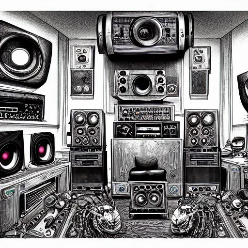 Image similar to intricate illustration of a music studio full of vintage machines and sub woofers, Giger style, jodorowsky