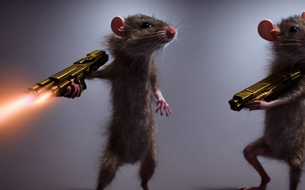 Prompt: small bipedal rat!!!!!! carrying large sci - fi fantasy alien gun, cinematic, portrait, shot on 7 0 mm, macro, wearing a golden chain, from the new sci - fi movie small rat saves the day, 8 k, f 1. 8