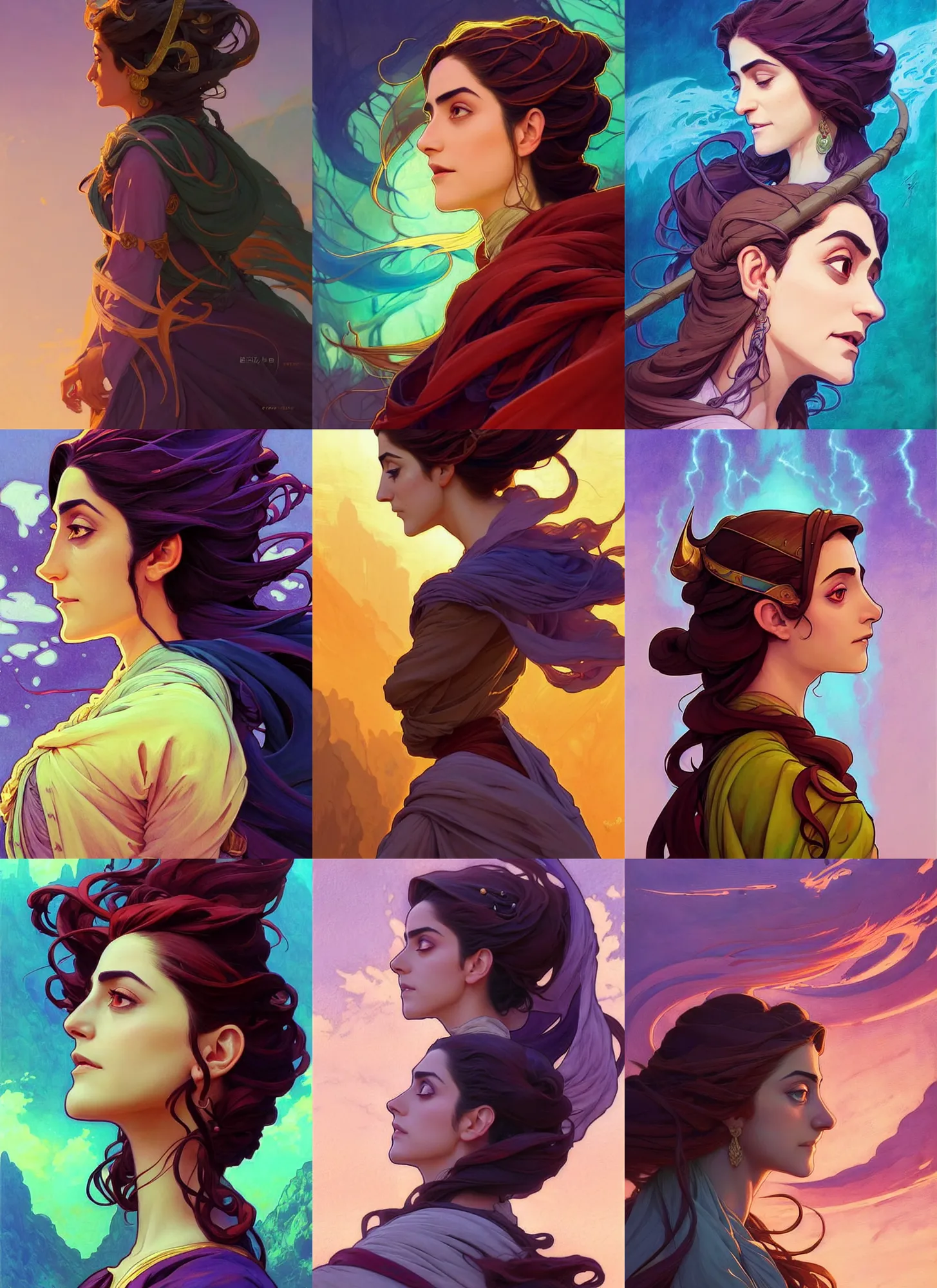 Prompt: side profile centered painted portrait, Maya Ali as a wind sorcerer, D&D, cell-shaded, matte painting concept art, bright backlit, official fanart, 4k, art nouveau, HDR, Mucha style, Trending on artstation, Behance, Pinterest, by Jesper Ejsing and RHADS and Makoto Shinkai and Lois van baarle and ilya kuvshinov and rossdraws and Cushart Krentz and Gilleard James
