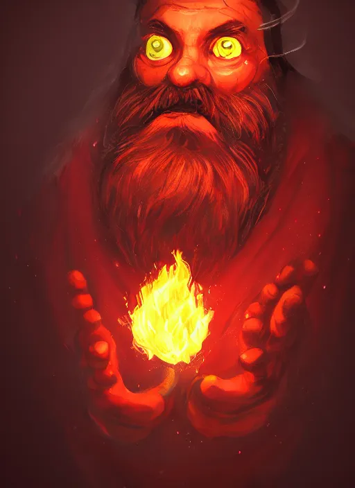 Prompt: grumpy man casting fire spell, black clothes, red and brown beard, whimsical, in the style of craola, macro lens, shallow depth of field, highly detailed, digital painting, trending artstation, concept art, illustration, cinematic lighting, vibrant colors, photorealism, epic, octane render, magic the gathering artwork, centered