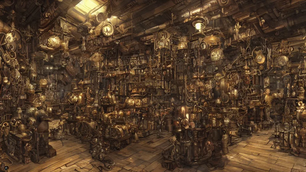 Image similar to A steampunk store, by tian gan, ultra detailed displays of weapons and clockwork machinations densely packed on shelves, volumetric lighting, wide angle, trending on patreon, artstation, deviantart. Unreal engine