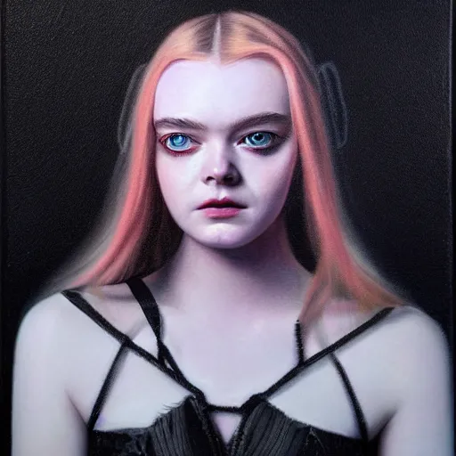 Prompt: a striking hyper real painting of Elle Fanning , dark, metal, occult, by Glyn Smyth