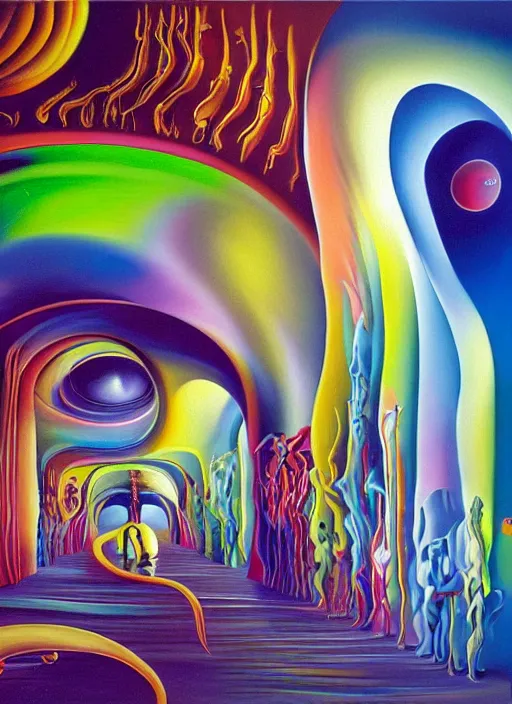 Image similar to an extremely high quality hd surrealism painting of a 3d slow-shutter galactic neon complimentary colored cartoon surrealism melting optical illusion hallway by kandsky and salviadoor dali the seventh, salvador dali's much much much much more talented painter cousin, 4k, ultra realistic, super realistic, so realistic that it changes your life