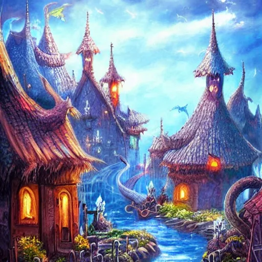 Image similar to beautiful painting of a fantasy rat village