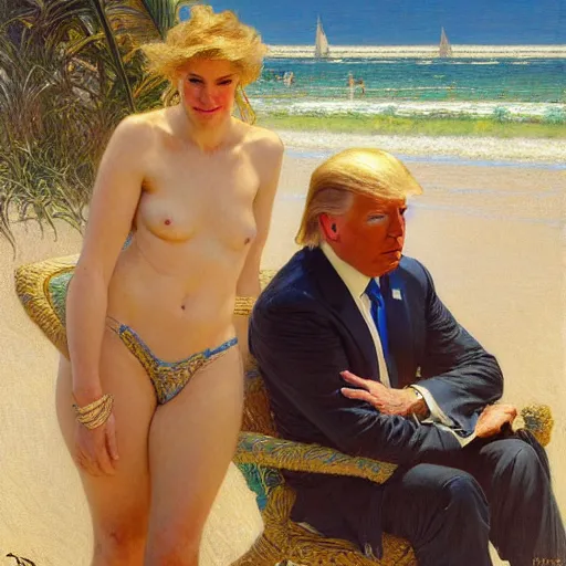 Prompt: joe biden and donald trump enjoying their time together at the beach. highly detailed painting by gaston bussiere, craig mullins, j. c. leyendecker, alphonse mucha 8 k