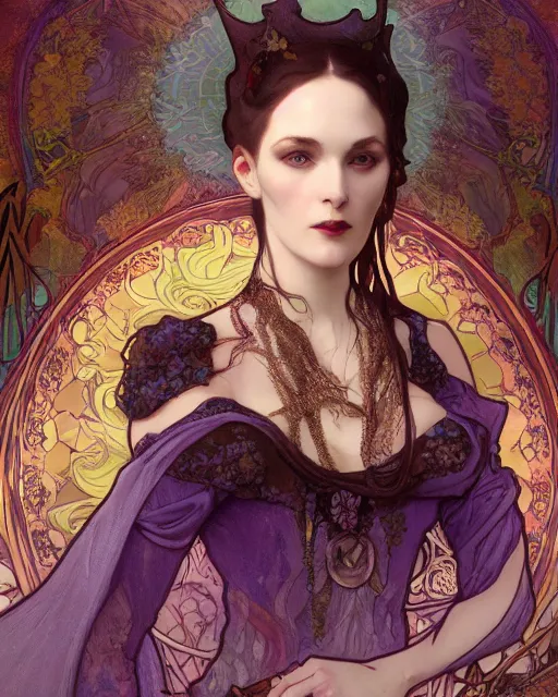 Image similar to alfons mucha and wlop detailed portrait digital rococo painting of a beautiful serious villainess wearing fantasy clothing like liliana vess, villainess has black angel wings, evil mood, hellish battlefield in the background, unreal engine, embers flying, hyper realism, realistic shading, cinematic composition, blender render, octane render, ultrawide shot