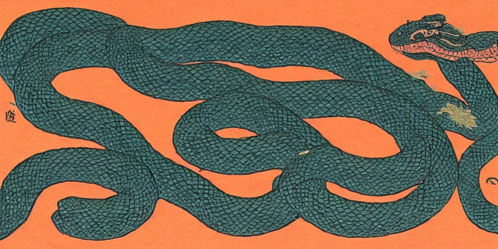 Prompt: japanese woodblock style painting of a snake dragon