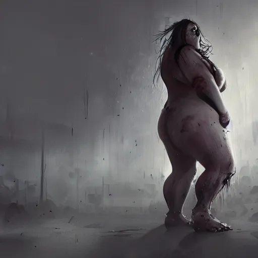 Image similar to angry extremely fat obese giant zombie female, full body portrait, with clothese, horror core, apocalyptic, feeling of grimdark, sharp focus, fiction, hyper detailed, digital art, trending in artstation, cinematic lighting, studio quality, smooth render, unreal engine 5 rendered, octane rendered, art style and nixeu and wlop and krenz cushart