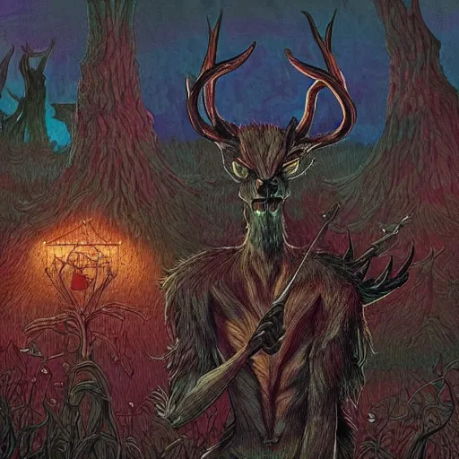 Image similar to 4 k headshot portrait of a psychedelic demonic anthropomorphic deer - horned wendigo smoking a hand - rolled cigarette smoking heavily, magic mushroom village in background. award winning. superb resolution. in the art style of junji ito and greg rutkowski. detailed mushroom city in background. hyper realistic anime. perfect art. dalle 2