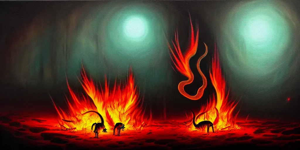 Prompt: creatures lurking in the collective unconscious, dramatic lighting warm fire glow, in a dark surreal painting by ronny khalil