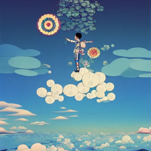 Image similar to a man walking on clouds away from the camera above kyoto by takashi murakami, beeple and james jean, aya takano color style, 4 k, super detailed, modern, 4 k, symmetrical