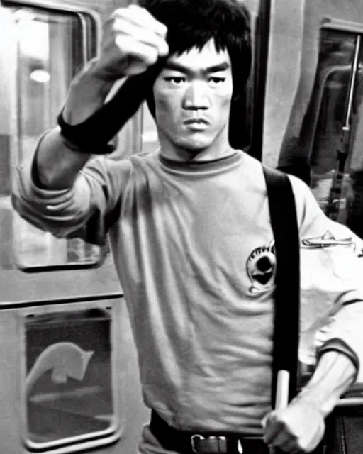 Prompt: bruce lee demonstrates using his nunchucks while riding a subway train