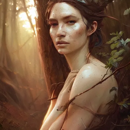 Image similar to a beautiful portrait of a forest goddess by Greg Rutkowski and Raymond Swanland, Trending on Artstation, ultra realistic digital art