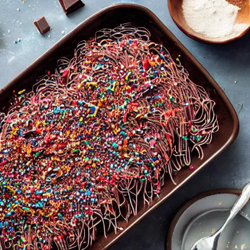 Prompt: cookbook photo of chocolate spaghetti, sprinkles