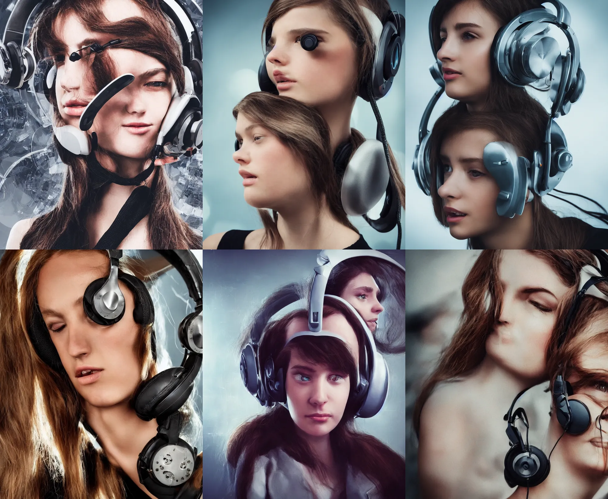 Prompt: cropped portrait photo of a photogenic young woman wearing!!! futuristic headphone!!! that has detail elements from! concept car! +! vintage soviet computer! hdr, telephoto lens, off camera flash, sci - fi headphones artstation