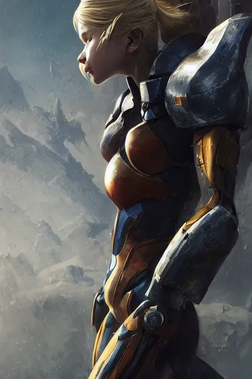 Image similar to a close up of Katheryn Winnick wearing Samus\'s armor by Greg Rutkowski, Sung Choi, Mitchell Mohrhauser, Maciej Kuciara, Johnson Ting, Maxim Verehin, Peter Konig, 8k photorealistic, cinematic lighting, HD, high details, dramatic, trending on artstation, full body shot