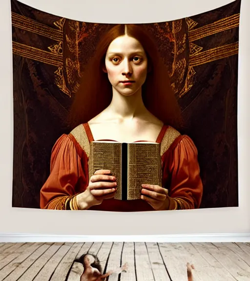 Prompt: portrait of a beautiful room with a tapestry on the wall, as well as a book upon a table with heightened detail, detailed facial expression, detailed surroundings, elegant, highly detailed, centered, digital painting, artstation, concept art, smooth, sharp focus, illustration, by ( leonardo da vinci ), wlop