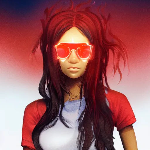 Image similar to nagatoro accurate brown skin color, using white and red tight raglan sleeves, tight blue jeans, in a tropical forest, burning hair glowy fire flames hair in flames hair fire hair, artstation, 3 d ray tracing, lumen, octane render flawless masterpiece concept art professionally post processed by wlop