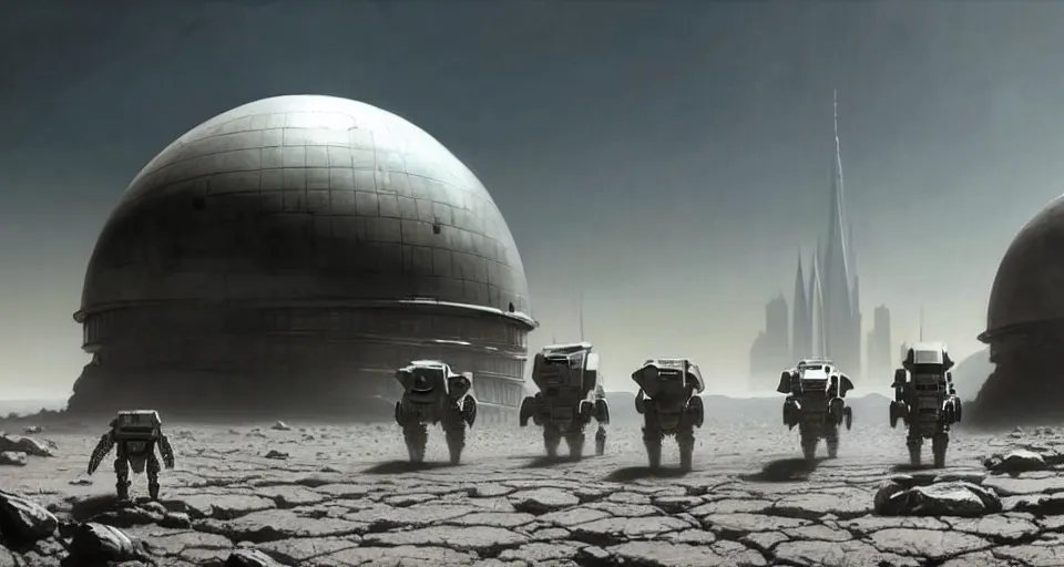 Image similar to hyper realistic sci - fi matte concept art painting of battlemech walking on the surface of the moon with a domed city in the background, beautiful details, strong composition painted by kim jung guweta studio rutkowski, james gurney and greg rutkowski, and lucasfilm, smooth, intricate, detailed, sharp focus, cinematic