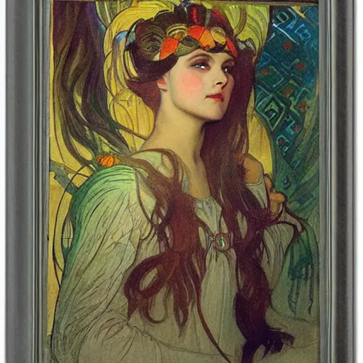 Prompt: bright, proud portrait of pagan queen libuse from slavic tales by alfons mucha