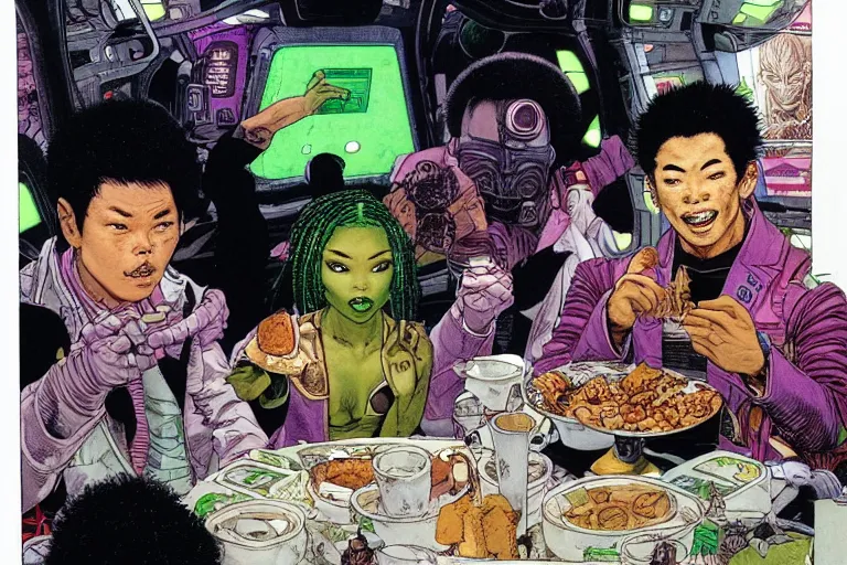 Prompt: asian people and black people and green - skinned humanoids eating breakfast aboard a cyberpunk spaceship, by michael wm kaluta