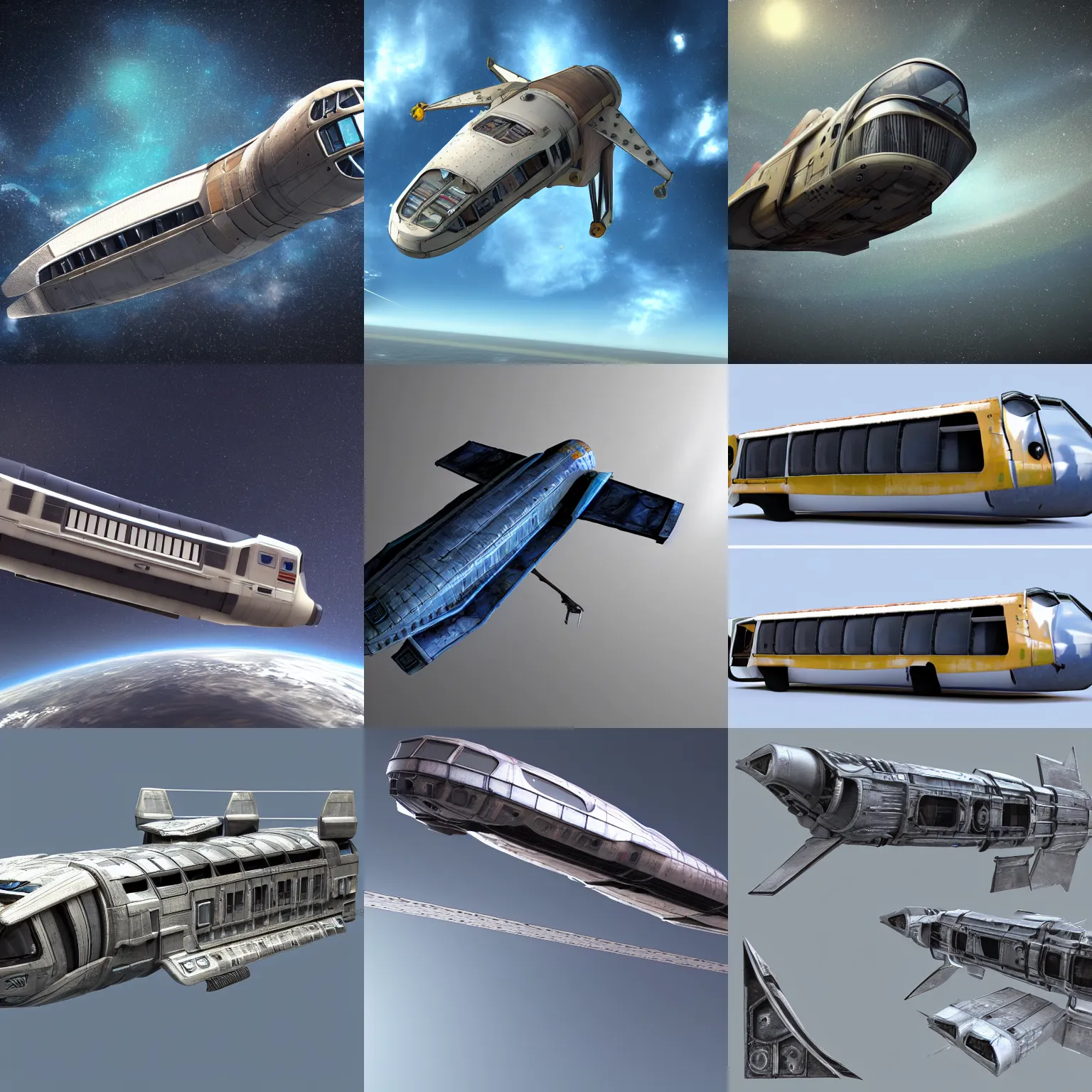 Prompt: concept design art of a spaceship made from a recycled bus, highly detailed render, photorealistic, it is flying through space