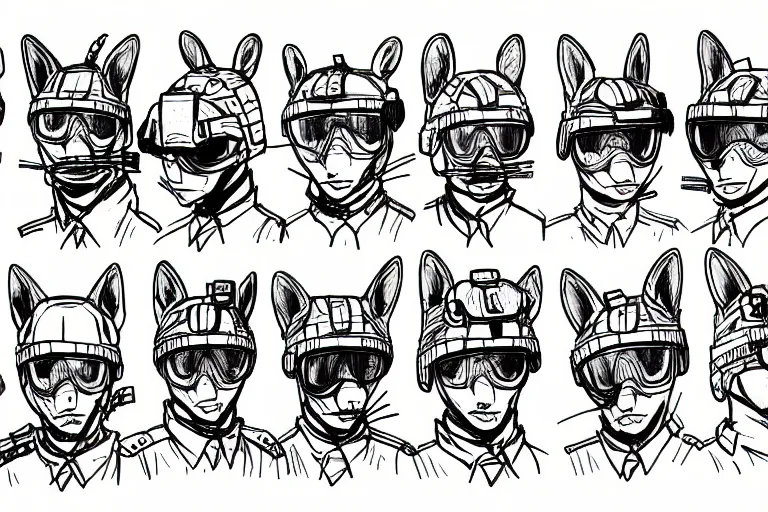 Image similar to ink study of a group of furry modern army soldiers with animal ears, fish eye perspective, key visual with intricate linework, in the style of kim jung gi