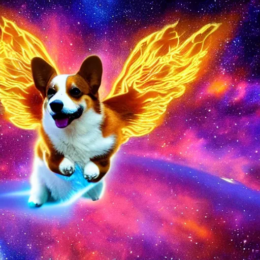Image similar to a corgi with wings of fire flying through the galaxy, psychedelic