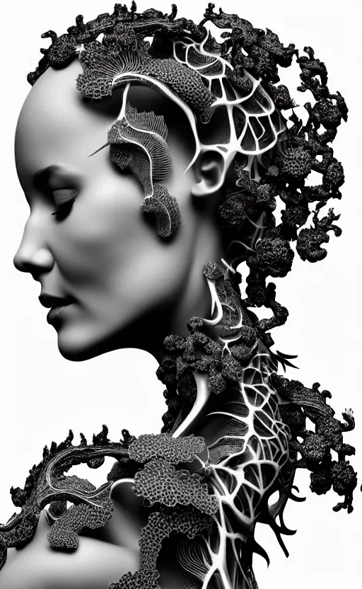 Prompt: a black and white 3D render of a beautiful profile face portrait of a female vegetal-dragon-cyborg, 150 mm, orchids, fine lace, Mandelbrot fractal, anatomical, flesh, facial muscles, wires, microchip, veins, arteries, full frame, microscopic, elegant, highly detailed, flesh ornate, elegant, high fashion, rim light, octane render in the style of H.R. Giger and Man Ray