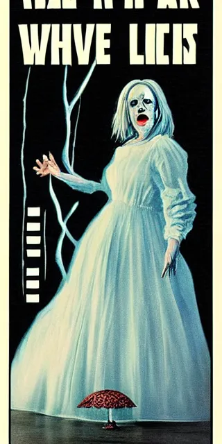 Image similar to Movie poster for a horror film about a tall scary woman in a white dress, 1978