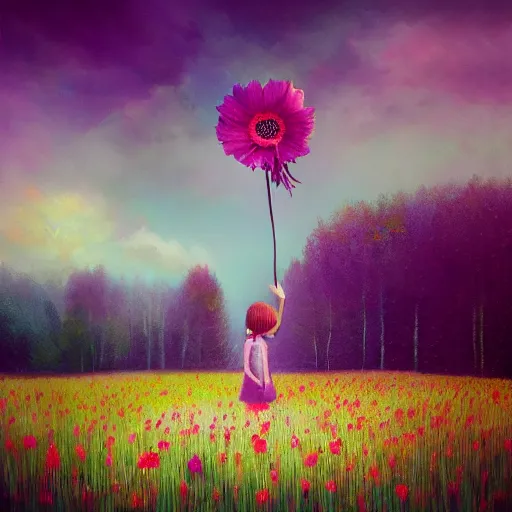 Image similar to girl with a singular flower for a head, surreal photography, dream, standing in flower field, magical, in a valley, sunrise dramatic light, impressionist painting, colorful clouds, artstation, simon stalenhag, flower face