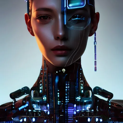 Image similar to Forward-facing Perfectly-Centered Half-body-Portrait of a Mechanical Cyberpunk Female Android standing straight, intricate, elegant, super highly detailed, professional digital painting, artstation, concept art, smooth, sharp focus, no blur, no dof, extreme illustration, Unreal Engine 5, Photorealism, HD quality, 8k resolution, cinema 4d, 3D, beautiful, cinematic, art by artgerm and greg rutkowski and alphonse mucha and loish and WLOP