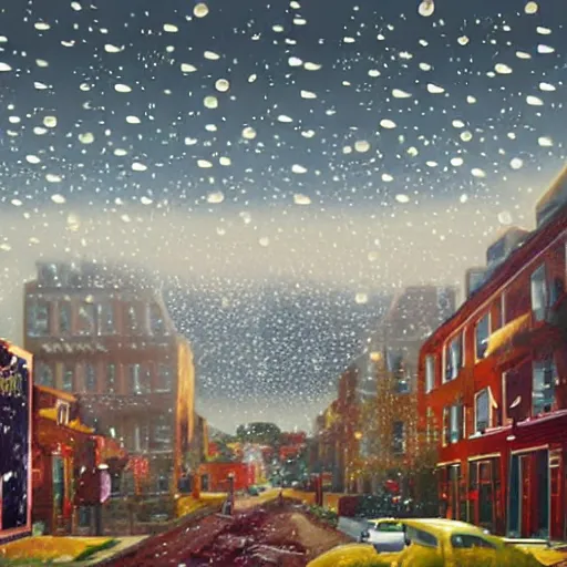 Image similar to giant food raining from the sky all over town painting realistic