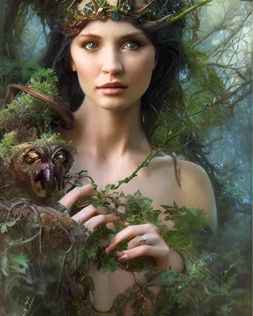 Prompt: dryad, stern like athena, a singer, portrait, swooning with forest creatures, studio lighting by jessica rossier and brian froud and gaston bussiere
