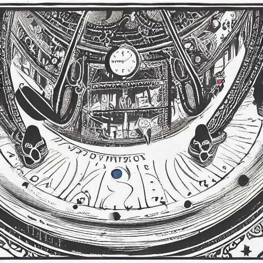 Image similar to a man looking at a giant, detailed, ornamented clock floating in the distance with the cosmos and stars visible in the background, album artwork style.