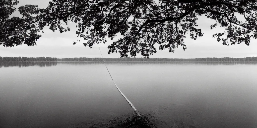 Image similar to centered photograph of a infintely long rope zig zagging across the surface of the water into the distance, floating submerged rope stretching out towards the center of the lake, a dark lake on a cloudy day, color film, trees in the background, hyper - detailed photo, anamorphic lens