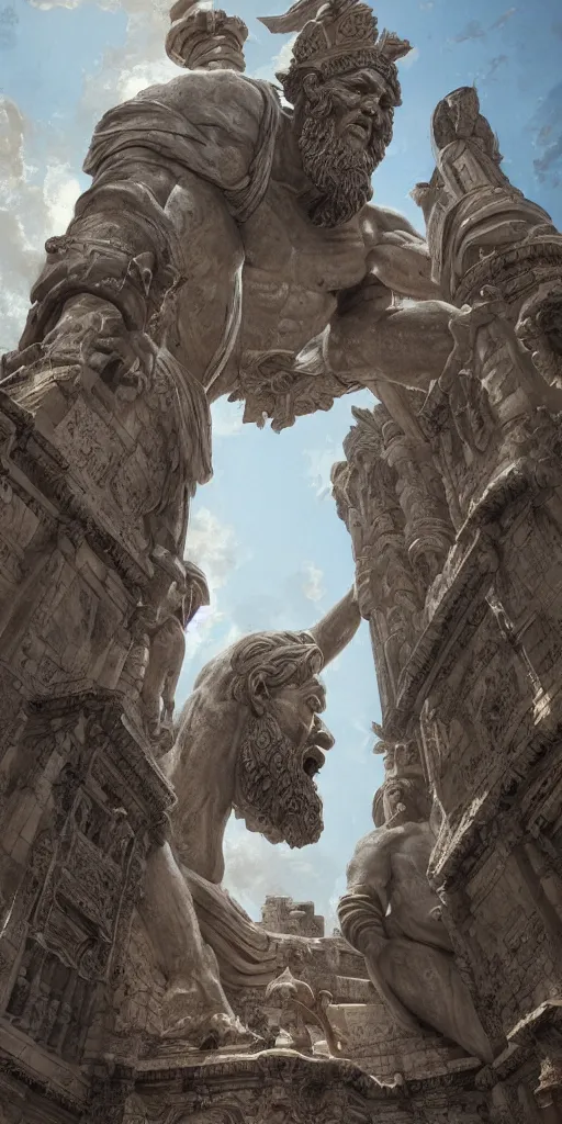 Prompt: looking up at a colossal statue of an old king at the entrance of an ancient greek harbor, greg rutkowski, 8 k, shallow depth of field, intricate detail, concept art,